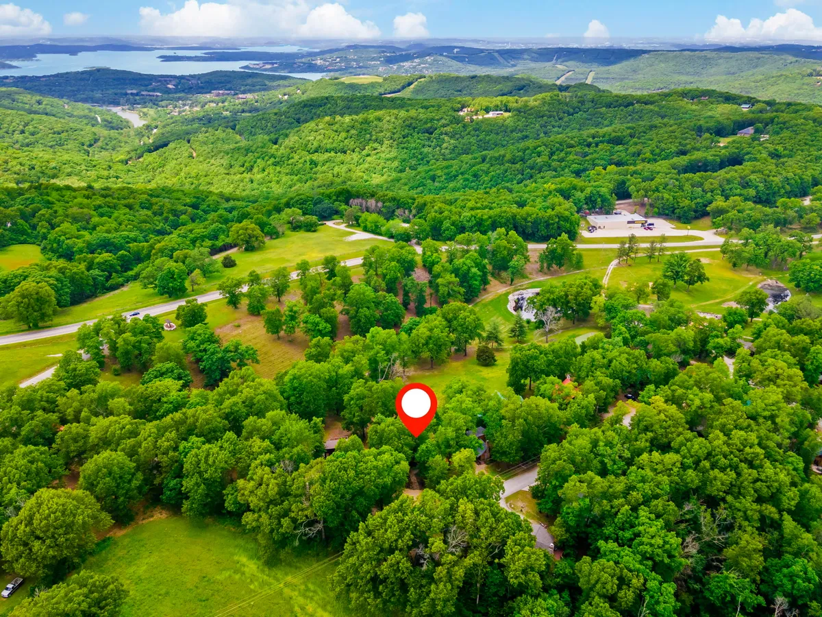 An expansive landscape reveals lush green trees, open fields, winding roads, distant hills, and a shimmering lake. The scene suggests endless opportunities for hiking, nature walks, and scenic exploration just beyond the lodge, capturing the essence of a tranquil, romantic retreat in the midst of nature.